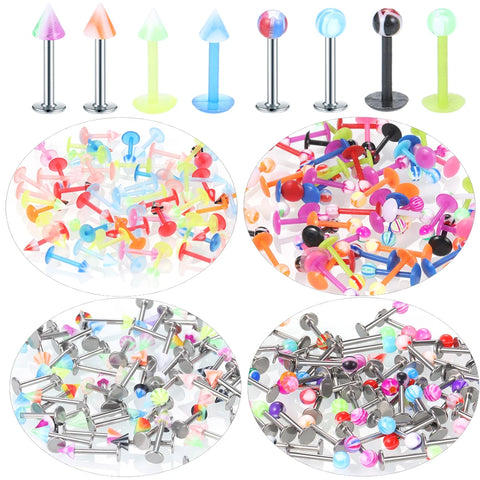 60Pcs/set Acrylic Labret Piercing Lip Ring Surgical Steel Barbell Cartilage Tragus Piercing Earring Stud Piercing Body Jewelry
