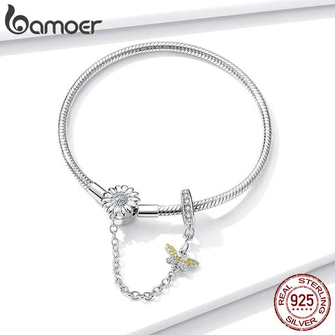 bamoer Authentic 925 Sterling Silver 3mm Snake Charm Bracelet with Sunflower Safety Chain DIY Bracelets Accessories BSB041