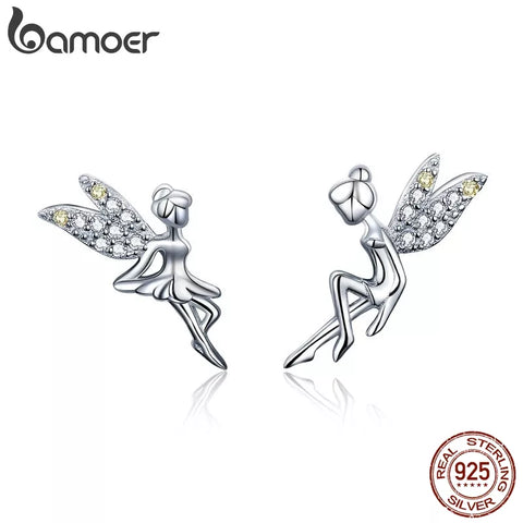 BAMOER Romantic Genuine 925 Sterling Silver Cute Fairy Elevs Exquisite Stud Earrings for Women Luxury Jewelry Making BSE046