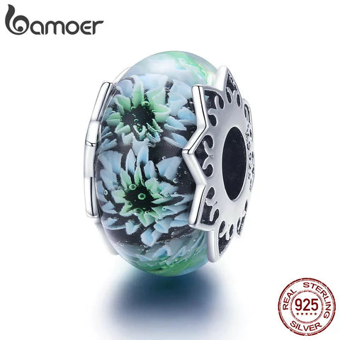 BAMOER 100% 925 Sterling Silver Chrysanthemum Flower European Glass Beads Fit Charm Bracelets Necklaces Jewelry Gift SCC1011