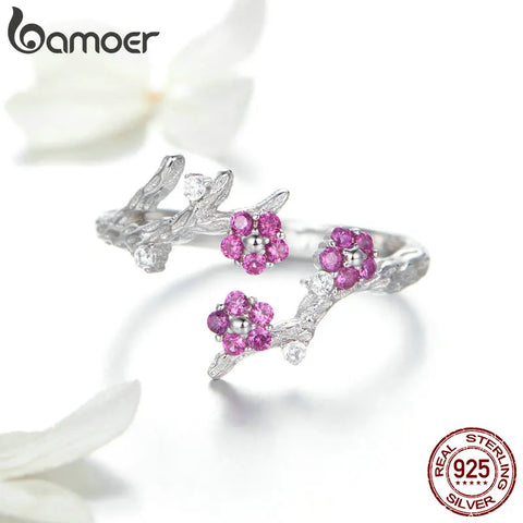 BAMOER 100% 925 Sterling Silver Winter Blooming Plum Flower Open Size Rings for Women Wedding Engagement Jewelry BSR022