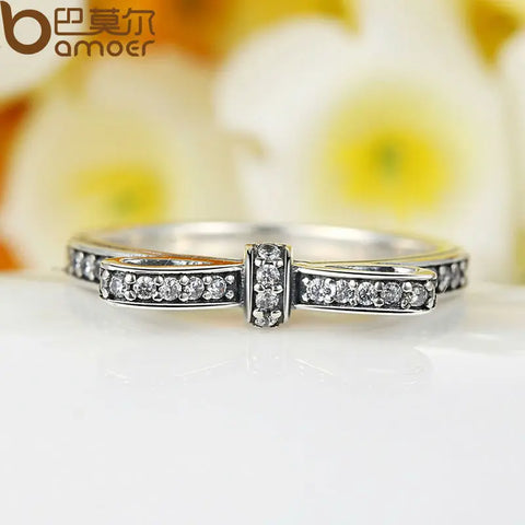 BAMOER HOT 925 Sterling Silver Sparkling Bow Knot Stackable Ring Micro Pave CZ for Women Valentine's Day Gift Jewelry PA7104