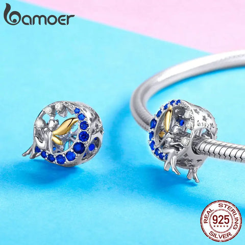 BAMOER Silver Charms  925 Sterling Silver Blue Moon Lunar Angel Round Beads for Women Jewelry Making DIY Bracelet Jewelry BSC070