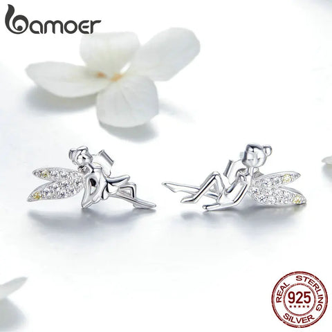 BAMOER Romantic Genuine 925 Sterling Silver Cute Fairy Elevs Exquisite Stud Earrings for Women Luxury Jewelry Making BSE046