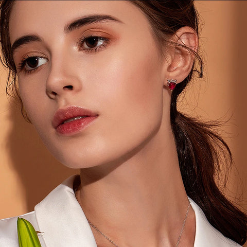 BAMOER Fashion 925 Sterling Silver Angel And Devil Pink CZ Heart Stud Earrings for Women Sterling Silver Jewelry SCE414