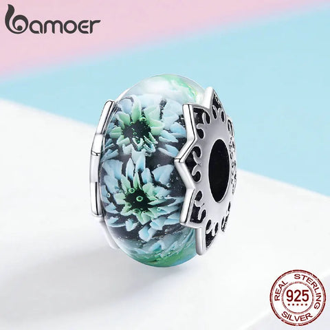 BAMOER 100% 925 Sterling Silver Chrysanthemum Flower European Glass Beads Fit Charm Bracelets Necklaces Jewelry Gift SCC1011