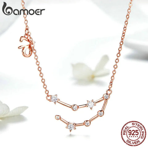 Bamoer 925 Sterling Silver Crystal Taurus Capricorn Scorpio Twelve Constellation Pendant Necklace for Women Birthday Jewelry