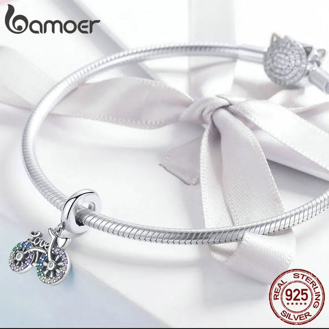 BAMOER 925 Sterling Silver Crystal Bike Bicycle Shape Pendant Charms fit Original Bracelets & Necklaces DIY Jewelry Gift SCC1082