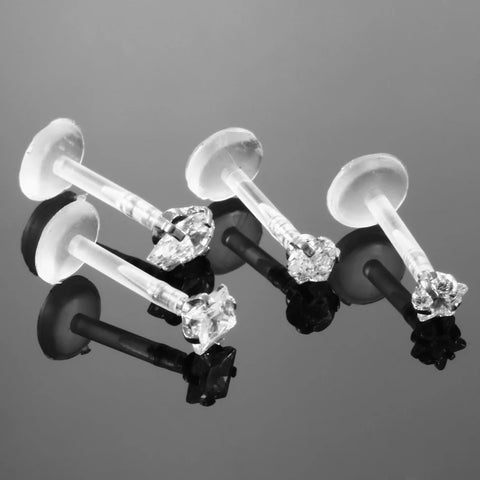 3Pcs Bioplast Flexible Push-in  Design Labret Lip Stud with Press Fit 3mm Steel Ball Ear Cartilage Tragus Piercing Body Jewelry