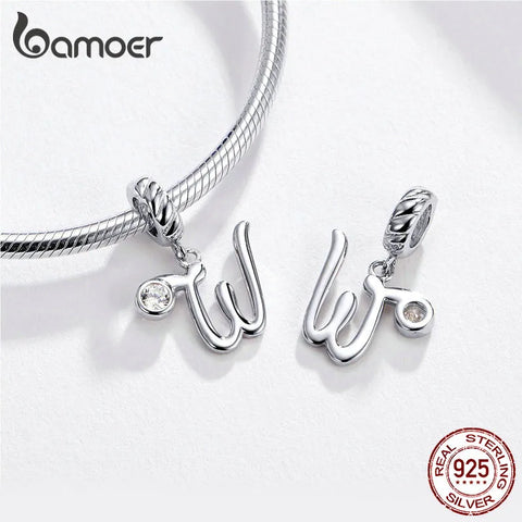 BAMOER 26 Letters alphabet Pendant 925 Sterling Silver Handwritten Language Pendants Charm for Bracelets and Necklace SCC1183