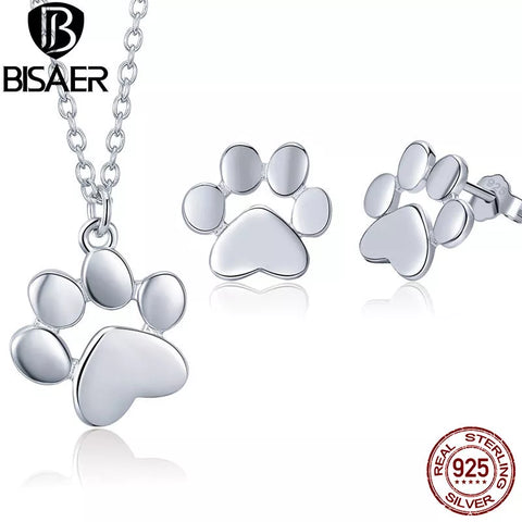 BISAER 925 Sterling Silver Jewelry Sets Animal Dog Cat Pussy Footprints Girls Jewelry Set Sterling Silver 925 Jewelry Collar
