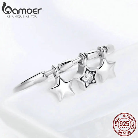 BAMOER 100% 925 Sterling Silver Fashion Sparkling Dangle Star Finger Rings for Women Wedding Engagement Ring Jewelry SCR406