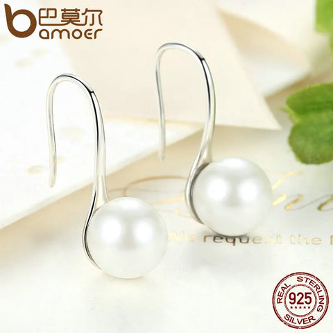 BAMOER 925 Sterling Silver Elegant Round Pure Love Pearl Drop Earrings for Women Jewelry Brincos White ,Black Purple Pink SCE037