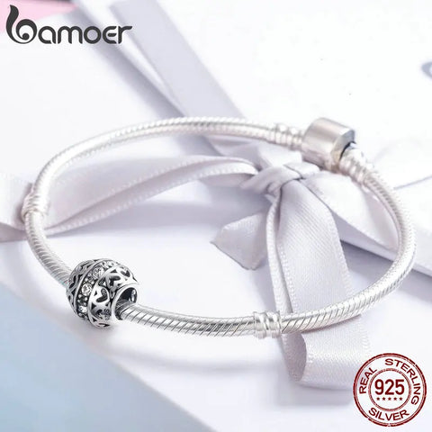 BAMOER Genuine 925 Sterling Silver Stackable Heart Beads Clear CZ Beads fit Charm Bracelet Necklace Valentine Day Gift SCC523