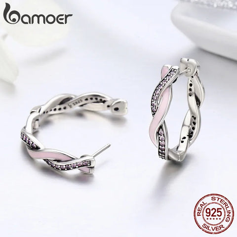 BAMOER Authentic 100% 925 Sterling Silver Pink & Clear CZ Twist Of Fate Hoop Earrings for Women Fashion Earrings Jewelry SCE297