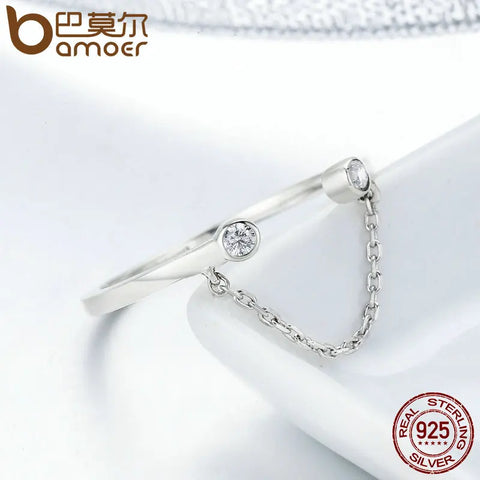 BAMOER 100% Real 925 Sterling Silver Tassel Adjustable Clear CZ Finger Ring Women Ring Sterling Silver Ring Jewelry SCR216