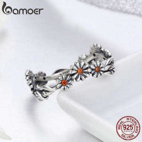 BAMOER Hot Sale 100% 925 Sterling Silver Twisted Daisy Flower Female Finger Rings for Women Wedding Silver Jewelry Anel SCR298