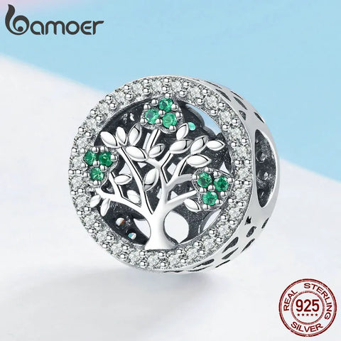 BAMOER Authentic 925 Sterling Silver Tree of Life Dazzling CZ Round Charms Beads Fit Women Bracelet Jewelry Accessories SCC919