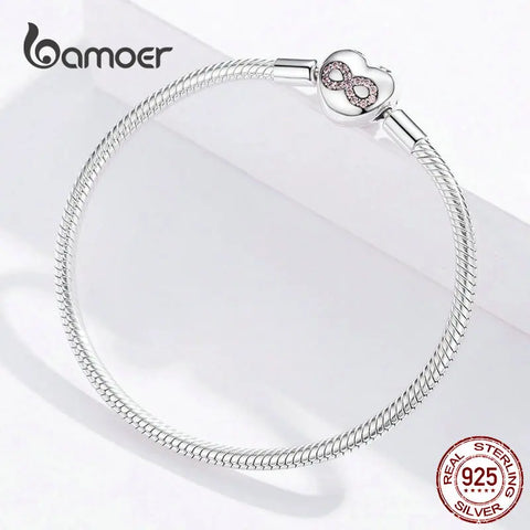 BAMOER Infinity Heart Bracelet Sterling Silver 925 Heart-shape Love Snake Bangle Bracelets 3mm for DIY Fine Jewelry SCB142