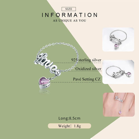 BAMOER Genuine 925 Sterling Silver Love Letter Adjustable Finger Ring Female Party Finger Ring Sterling Silver Jewelry SCR246