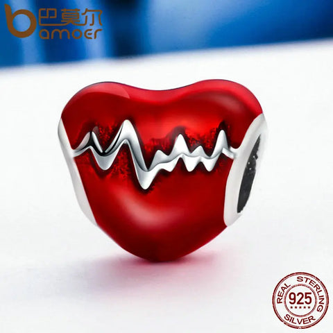 BAMOER New Arrival 100% 925 Sterling Silver Love Heart ECG & Red Enamel Beads fit Charm Bracelets for Women Jewelry Gift SCC249