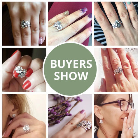 BAMOER Fashion 925 Sterling Silver Pink Flower Poetic Daisy Cherry Blossom Finger Ring for Women #6 7 8 9 Size Jewelry SCR004