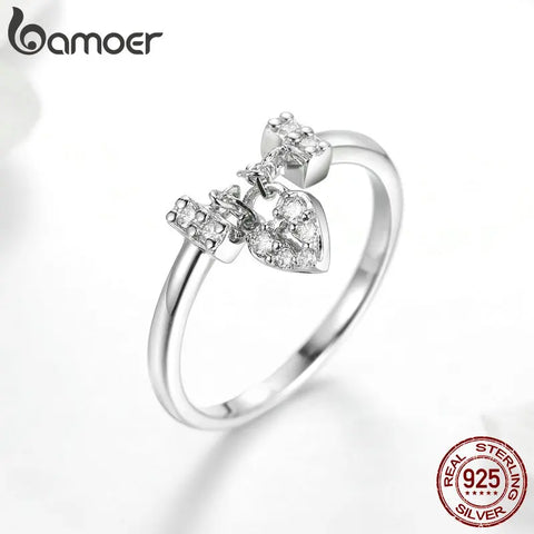 BAMOER Genuine 925 Sterling Silver Love Heart Lock Luminous CZ Wedding Rings for Women Sterling Silver Jewelry SCR466
