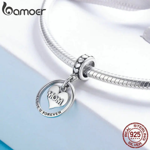 BAMOER 925 Sterling Silver I Love u Forever Mom Mother Engrave Beads fit Charm Bracelets & Bangles Jewelry Mother Gift SCC649