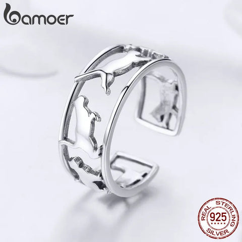 BAMOER Hot Sale 925 Sterling Silver Playing Cat Pussy Cocktail Finger Rings for Women Happy Cat Animal Ring Jewelry Gift SCR473