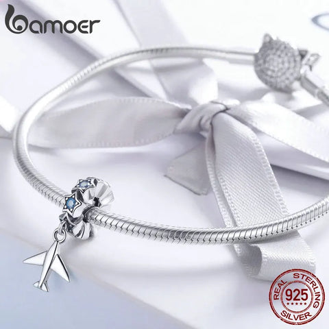 BAMOER 100% 925 Sterling Silver Fashion Travel Plane Stackable Dazzling Blue CZ Charms fit Charm Bracelet DIY Jewelry SCC882
