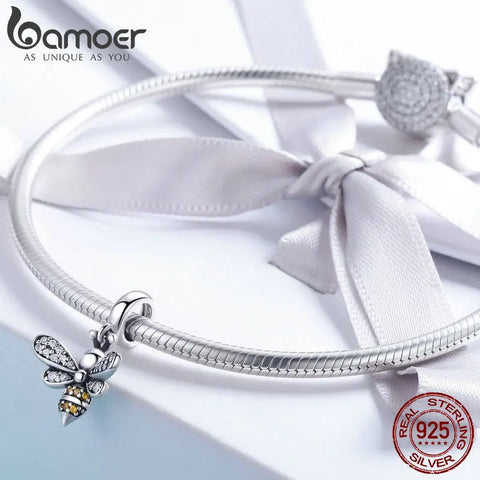 BAMOER Genuine 925 Sterling Silver Crystal Bee Crystal Charm fit Women Charm Bracelets DIY Jewelry Girlfriend Gift SCC821