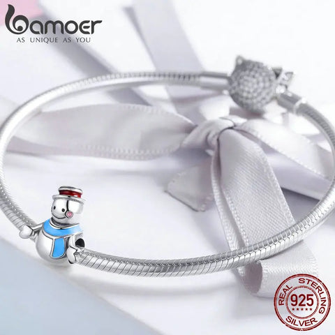 BAMOER Authentic 925 Sterling Silver Miss & Mr Snowman Color Enamel Charms Fit Bracelets & Necklaces DIY Jewelry Making SCC855
