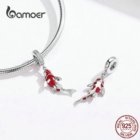 Bamoer 925 Sterling Silver Red Enamel Fish Pendant Lucky Koi Dangle Charm Fit Women Bracelet Necklace DIY Fine Jewelry BSC085