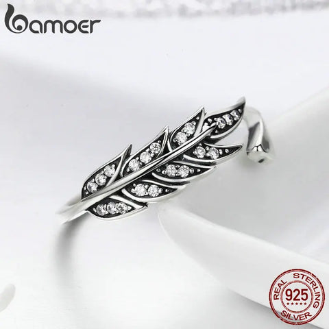 BAMOER Hot Sale Authentic 925 Sterling Silver Feather Wings Adjustable Finger Ring for Women Sterling Silver Jewelry Gift SCR313