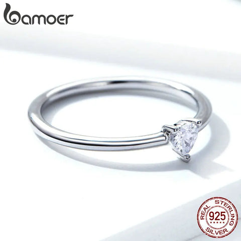 BAMOER HOT SALE 925 Sterling Silver Heart Clear CZ Simple Finger Rings for Women Engagement Wedding Statement Jewelry  SCR498
