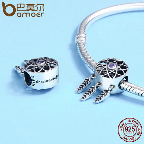 BAMOER Genuine 925 Sterling Silver Beautiful Dream Catcher Holder Beads fit Charm Bracelet Necklace DIY Jewelry Christmas SCC330