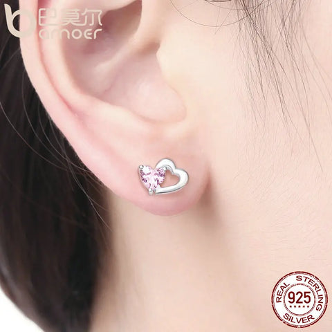 BAMOER 925 Sterling Silver Double Heart to Heart Pink CZ Stud Earrings for Women Brincos Fine Jewelry Bijoux SCE090