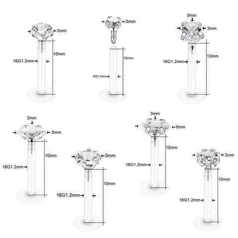 1Piece Bioplast Flexible Push-in Labret Lip Stud Crystal Earring Studs Orelha 16G Ear Cartilage Tragus Piercing Fashion Jewelry