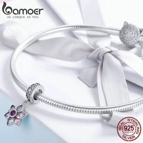 BAMOER 100% 925 Sterling Silver Pendant Pink Crystal Spring Flower Pink CZ Charm fit Charm Bracelet & Necklace Jewelry SCC840