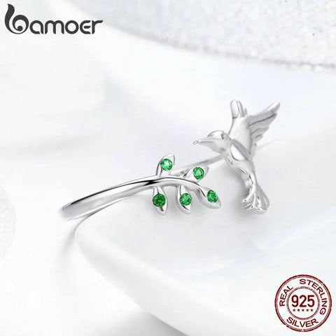 Bamoer 925 Sterling Silver Spring Tree Leaves & Bird Open Ring Green Zircon Adjustable Finger Ring for Women Fine Jewelry SCR323