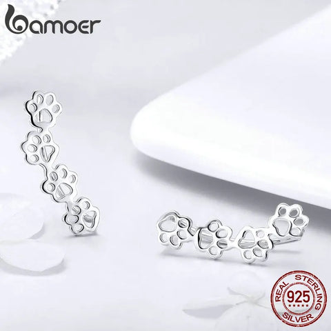 BAMOER Hot Sale 925 Sterling Silver Paw Trail Cat And Dog Footprints Stud Earrings for Women Sterling Silver Jewelry SCE430