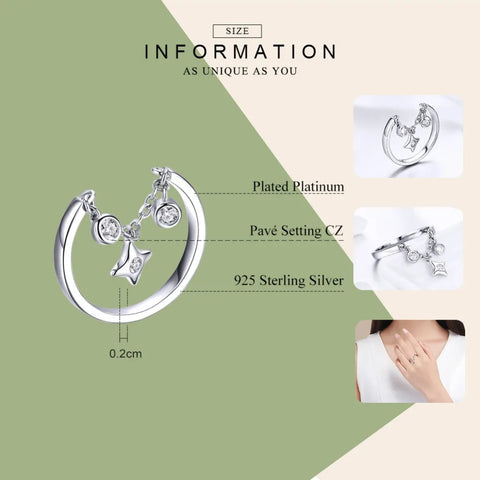 BAMOER Silver Rings 925 Stelring Silver Chain Ring for Women Clear CZ Star Ajudtable Rings Female Jewelry Wedding Gifts SCR408