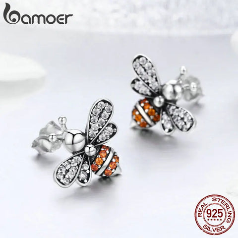 BAMOER High Quality 100% 925 Sterling Silver Bee Story Clear CZ Exquisite Stud Earrings for Women Fashion Silver Jewelry SCE344