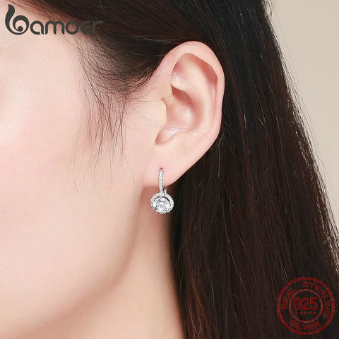 Bamoer Authentic 925 Sterling Silver Dazzling Cubic Zircon Round Zircon Drop Earrings for Women Wedding Silver Jewelry SCE508