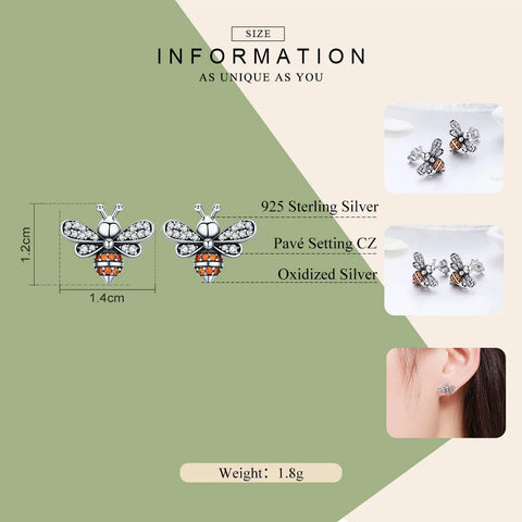BAMOER High Quality 100% 925 Sterling Silver Bee Story Clear CZ Exquisite Stud Earrings for Women Fashion Silver Jewelry SCE344