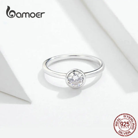 BAMOER 925 Sterling Silver Clear CZ Finger Ring Minimalist Women Engagement Wedding Basic Band Ring SCR535