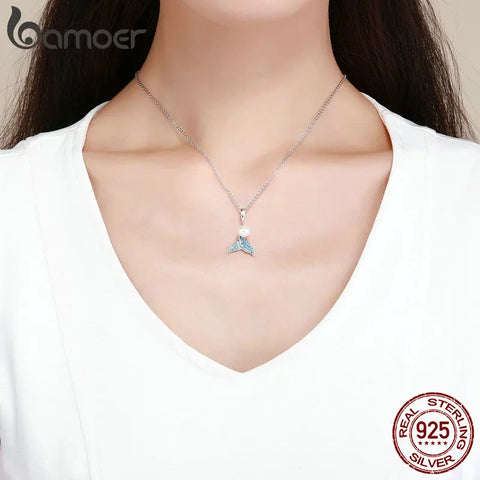 BAMOER Genuine 925 Sterling Silver The Mermaid's Tail Quality Shell Pearl Pendant Charm fit Charm Bracelet DIY Jewelry SCC877