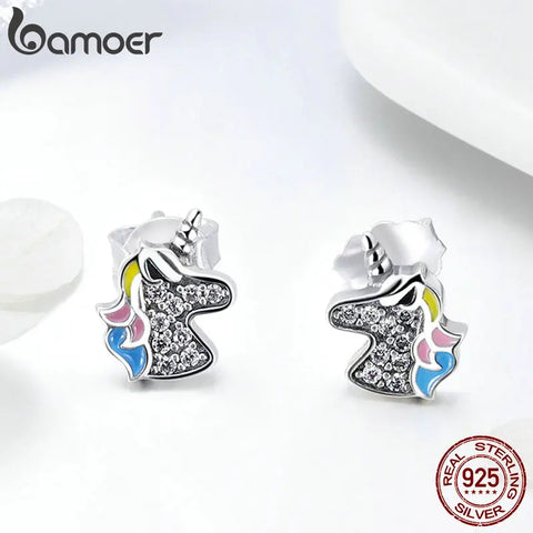 bamoer 925 Sterling Silver Dazzling Licorne Memory Stud Earrings Silver for Women & Girls Sterling-Silver-Jewelry SCE426