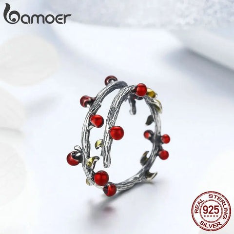 BAMOER Real 925 Sterling Silver Autumn Withered Tree Leaves Adjustable Finger Rings for Women Wedding Ring Jewelry Anel SCR442