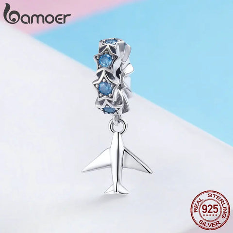 BAMOER 100% 925 Sterling Silver Fashion Travel Plane Stackable Dazzling Blue CZ Charms fit Charm Bracelet DIY Jewelry SCC882